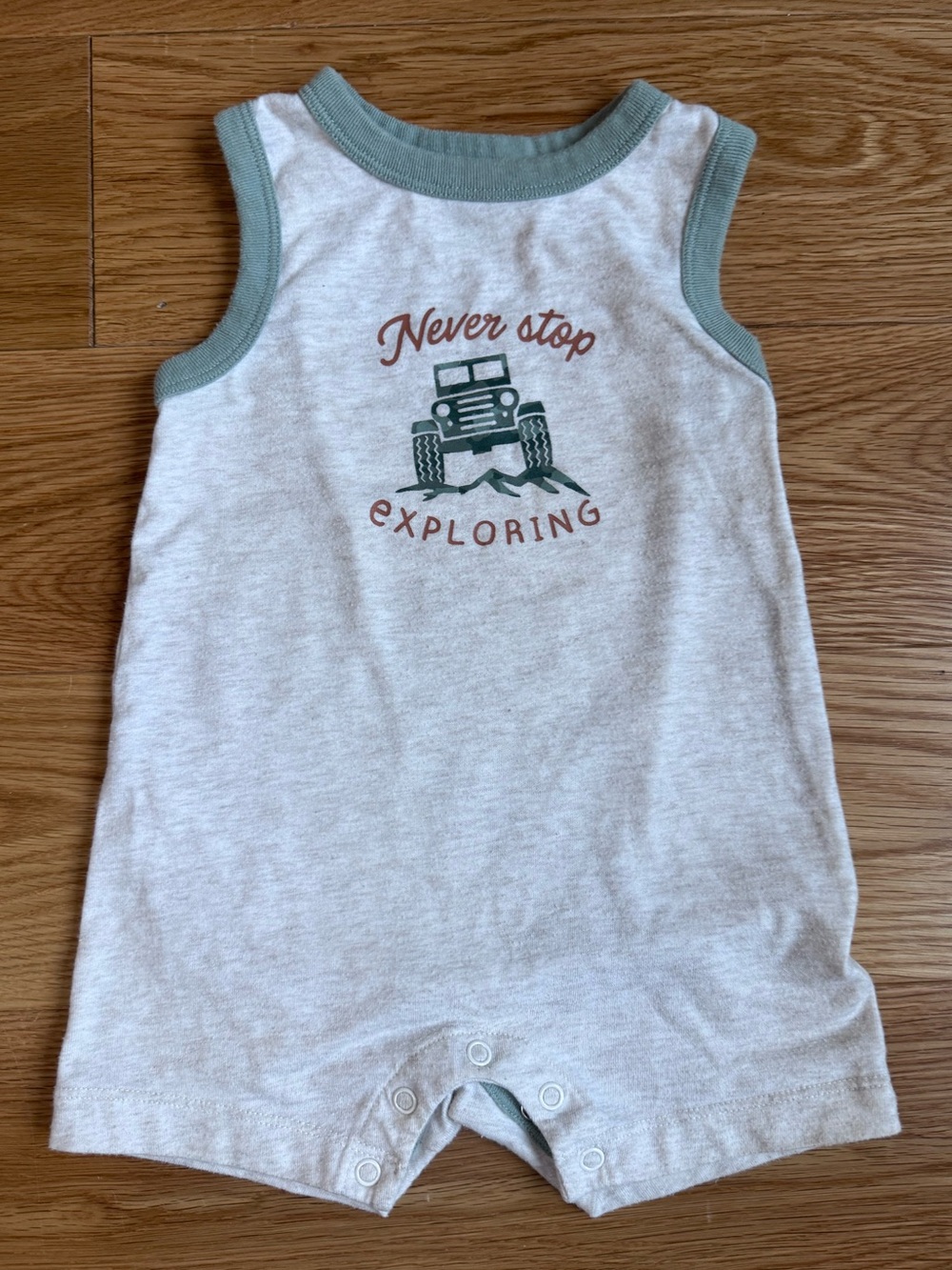 Garanimals Cream Tank Romper with Green Trim and Brown Graphic
